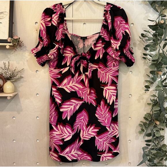 WHO WHAT WEAR Puff Sleeve Linen Blend Dress NEW Size XXL Pink Black Leaf Print - Picture 11 of 11